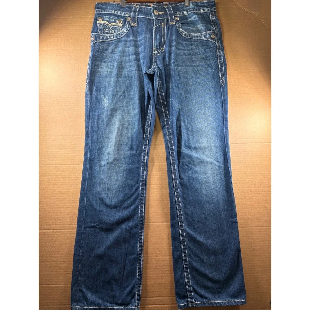 Rock Revival Curtis Straight Jeans Mens 36 Blue Distressed Thick Stitch Denim